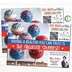 4 juli onroerend goed ansichtkaart, onroerend goed cake pops receptenkaart, makelaar zomer mailer klant klant onroerend goed marketing, BEWERKBAAR