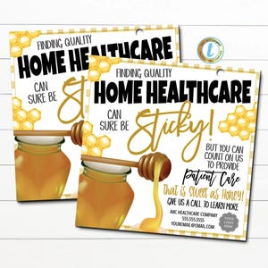 May include: Two rectangular cards with a honeycomb and honey dipper design. The cards have the text "Finding Quality Home Healthcare" and "Patient Care That is Sweet as Honey!" in black and gold.