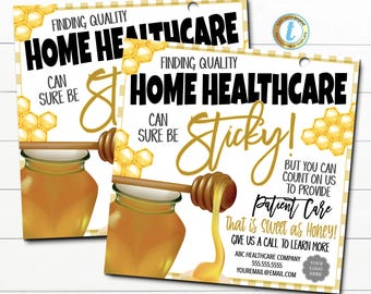 Peut inclure: Deux cartes rectangulaires avec un motif en nid d'abeille et un pot de miel. Les cartes comportent le texte "Finding Quality Home Healthcare" et "Patient Care That is Sweet as Honey!" en noir et or.