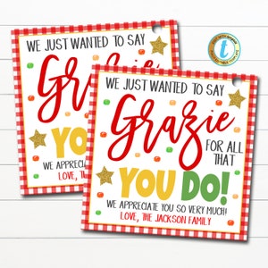 Grazie Gift Tags, Grateful For You, Italian Appreciation Lunch Staff Dinner, Teacher Volunteer Nurse Thank You Gift, DIY Editable Template