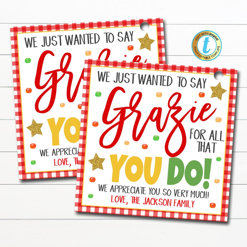 Grazie Gift Tags Grateful for You Italian Appreciation Lunch Etsy