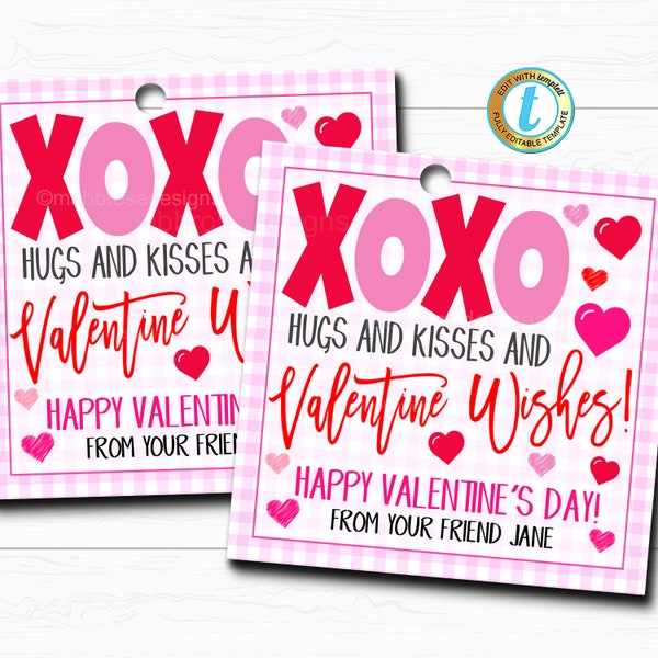 Valentine's Gift Tag, xoxo Hugs and Kisses Valentine Card Gift, School Classroom Party School Teacher Staff Friend, DIY Editable Template