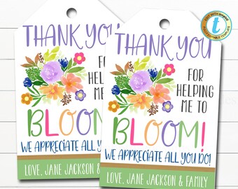 Floral Appreciation Gift Tags, Thank You for Helping Me Bloom Flower Gift Tag, Coach Teacher Mentor Boss Staff  Label, DIY Editable Template