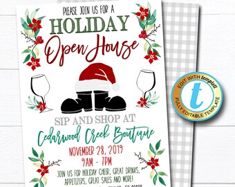 May include: A festive holiday open house invitation with a watercolor design featuring red poinsettias, green leaves, and a Santa Claus boot illustration. The text reads "Please join us for a Holiday Open House, Sip and Shop at Cedarwood Creek Boutique, November 28, 2019, 9am - 7pm, Join us for holiday cheer, great drinks, appetizers, great sales and more! 555 North Holiday Ave - Denver, CO 88888".