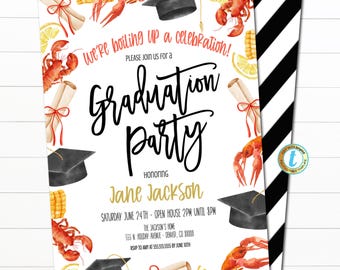 May include: Graduation party invitation with watercolor illustrations of crawfish, graduation caps, corn, lemons, and scrolls. The invitation text reads "We're boiling up a celebration!" and includes the graduate's name, date, time, and location.