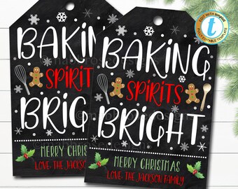 Christmas Gift Tags, Baking Spirits Bright, Holiday Candy Cookie Bakery Treat Tag, Secret Santa Teacher Xmas Label, DIY Editable Template