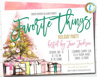 May include: A watercolor illustration of a Christmas tree with presents underneath. The text reads "You're invited to a very merry Favorite Things Holiday Party hosted by Jane Jackson. Saturday, Nov. 18 at 7:00 PM in the evening. Cedarwood Country Club 555 N. Holiday Avenue Denver, CO 88888. Bring 5 of the same of your favorite thing and leave with 5 new great items! RSVP to Amy at 555.555.5555 by 12/9."