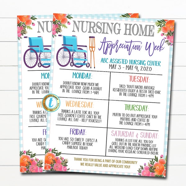 Nursing Home Appreciation Week Itinerary, Thank You Healthcare Facility Event, Hospital Staff Assisted Living Schedule, EDITABLE TEMPLATE