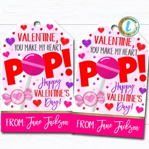 Valentine Lollipop Tags, You make my heart Pop Valentine Gift Tag, Gift Classroom School Teacher Staff Valentine Label DIY Editable Template