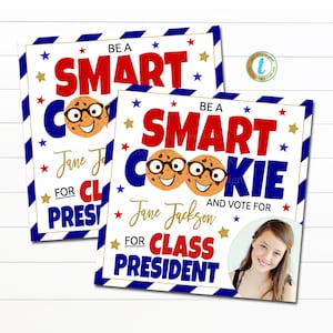Smart Cookie Class-stemtag, schoolverkiezingsstem voor klasse president-campagne, studentenraad gunst traktatie-tags, BEWERKBAAR