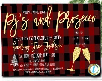 Pyjama & Prosecco kerstfeestuitnodiging, Bachelorette Holiday Party Plaid Uitnodigen, Cocktail Party, Sjabloon DIY Zelfbewerking Download