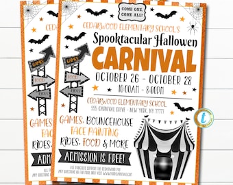 May include: A black and orange Halloween carnival flyer with a spooky circus tent, bats, and stars. The flyer advertises a Spooktacular Halloween Carnival at Cedarwood Elementary School from 26th to 28th October, 10:00 AM to 8:00 PM. The flyer lists activities such as games, bouncy castle, face painting, rides, and food. Admission is free.