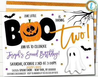 Halloween Birthday Invitation, Editable Kids Our Little Boo is Turning 2, Costume Birthday Halloween Party Printable, DIY EDITABLE TEMPLATE