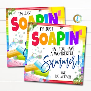 May include: A colorful card with the text "I'm just soapin' that you have a wonderful summer!" with a sun, palm trees, and soap bars. The card is signed "Love, Joe Jackson".