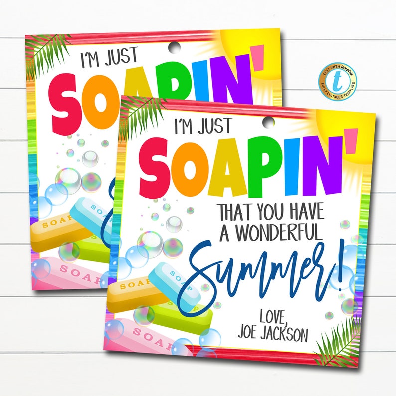 May include: A colorful card with the text "I'm just soapin' that you have a wonderful summer!" with a sun, palm trees, and soap bars. The card is signed "Love, Joe Jackson".