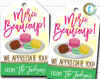Macaron Gift Tags, Merci beaucoup, Thank You Employee Staff School Teacher Appreciation Week, French Cookie Treat Label, Editable Template