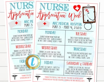 Op de afbeelding: Een printbaar schema voor de Week van de Verpleegkundige waardering in het ABC Medical Hospital. Het schema bevat dagelijkse evenementen van maandag 3 mei tot en met zondag 9 mei 2020. De evenementen omvatten donuts, koffie, taco's, muffins en een zoete verrassing.