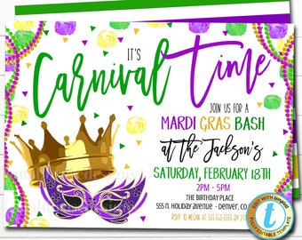 Inbjudan till Mardi Gras-karnevalfest, New Orleans Fat Tuesday-fest, maskeradbalpärlor och bourbon, redigerbar mall för hemmafixering