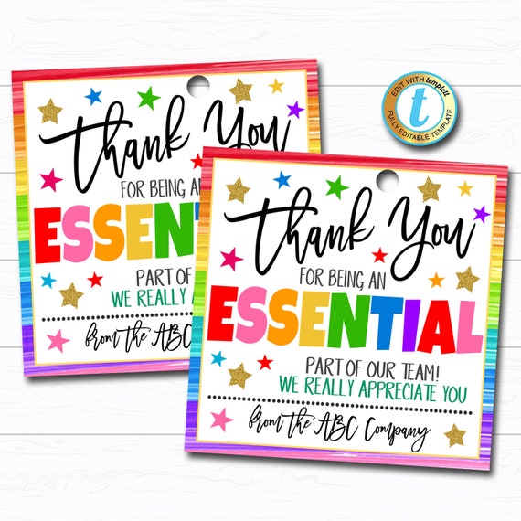 Employee Appreciation Gift Tag, Thank You Essential Worker Frontlines Star,  Corporate Company Teacher School Staff, DIY Editable Template