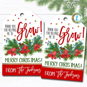 Christmas Floral Gift Tags, Holiday Thank You for Helping Me Grow Poinsettia Gift Tag, Coach Teacher Staff Xmas Label, DIY Editable Template