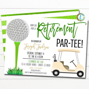 BEWERKBARE Golf pensioen uitnodiging voor feest, laten we Par-Tee, volwassene uitnodigen, bedrijf werk Office Golf Party, pensioen partij afdrukbare sjabloon