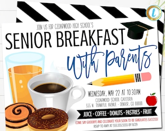 Seniorenfrühstück mit Eltern-Abschlusseinladung, Einladung zur High-School-Abschlussfeier, Eltern-Senior-Brunch-Event, EDITIERBARE VORLAGE