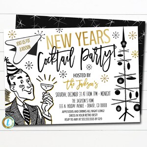 Retro New Years Cocktail Party Invitation Vintage Holiday Adult Party Invite, Mid Century Modern Deco Happy Hour Bar Party Editable Template