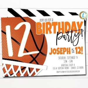 May include: Basketball-themed birthday party invitation featuring an orange basketball with a white number 12. The text reads "Join us for a Birthday Party! Joseph is 12!" with party details at the bottom.