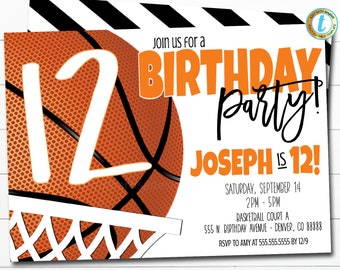 Op de afbeelding: Uitnodiging voor een basketbal-verjaardagsfeest met een oranje basketbal met het witte nummer 12. De tekst luidt "Doe mee met ons voor een verjaardagsfeest! Joseph is 12!" met de feestdetails onderaan.