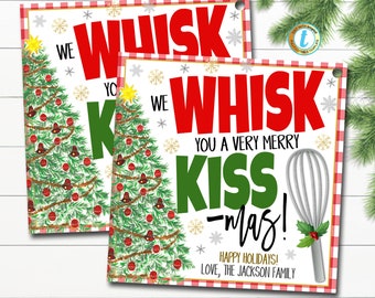 May include: Two red and white checkered Christmas gift tags with a green Christmas tree and a silver snowflake design. The text on the tags reads "We Whisk You A Very Merry Kiss-mas!" and "Happy Holidays! Love, The Jackson Family".