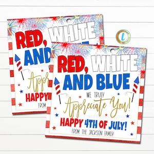 4. Juli Wertschätzung Geschenkanhänger, 4. Juli druckbares Tag, Sommer Rot, Weiß Blau Schätzen Sie Kundenpersonal Dankeschön-Tag, bearbeitbar