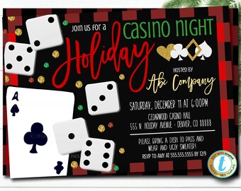 Puede incluir: Una invitación a una fiesta de Casino Night Holiday de cuadros rojos y negros organizada por Abe Company. La invitación presenta dados, cartas de juego y el texto "Join us for a Casino Night Holiday".