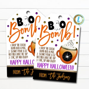 Halloween-Geschenkanhänger, heiße Kakao-Boo-Bombe, heiße Schokoladenrezept-Anhänger, Herbst-Herbst-Lehrerstab-Süßes oder Saures-Etikett, DIY-bearbeitbare Vorlage