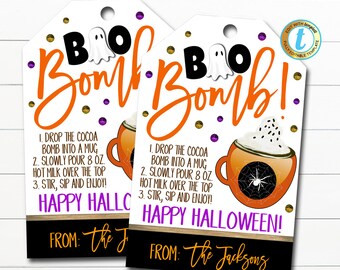 Halloween Gift Tags, Hot Cocoa Boo Bomb, Hot Chocolate Recipe Tag, Fall Autumn Teacher Staff Trick or Treat Label, DIY Editable Template