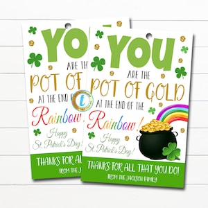 St. Patrick&#39;s Day Thank You Gift Tags, Teacher Staff Employee Nurse Volunteer Staff, Appreciation Tag, School pto pta, DIY Editable Template