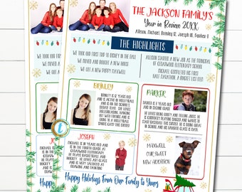 Szablon biuletynu świątecznego z podsumowaniem roku, świąteczny list rodzinny na Boże Narodzenie, wszystko o naszym roku, cyfrowy szablon kartki świątecznej, EDYTOWALNY