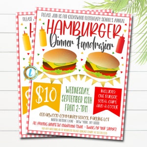 Op de afbeelding: Een rood-wit geruite achtergrond met een gele en rode flyer die een hamburger diner-fondsenwerver aankondigt. De flyer bevat de datum, tijd en prijs van het evenement. De tekst luidt "PLEASE JOIN US FOR CEDARWOOD ELEMENTARY SCHOOL'S ANNUAL HAMBURGER DINNER FUNDRAISER. WEDNESDAY, SEPTEMBER 13TH FROM 2-7PM. €10. INCLUDES: ONE BURGER, SODA, CHIPS AND A COOKIE. CEDARWOOD COMMUNITY SCHOOL PARKING LOT. NORTH HOTDOG LANE - NEW YORK, NY 88888. ALL PROCEEDS BENEFIT THE CEDARWOOD SCHOOL - THANKS FOR YOUR SUPPORT! FOR ANY QUESTIONS GO TO VOLUNTEER PLEASE CONTACT MANDY AT 555.555.5555."