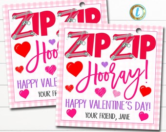 Valentine Zipper Gift Tags, Zip Zip Hooray, Toy Non Candy Valentine Tag, Classroom School Pto Pta Teacher Kids Valentine, Editable Template