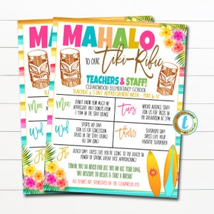 Luau Teacher Appreciation Week Itinerary, Tropical Hawaii You are Tiki-Riffic Beach Theme Schedule Events Printable, DIY EDITABLE TEMPLATE