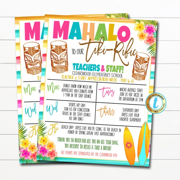 Luau Teacher Appreciation Week Itinerary, Tropical Hawaii You are Tiki-Riffic Beach Theme Schedule Events Printable, DIY EDITABLE TEMPLATE