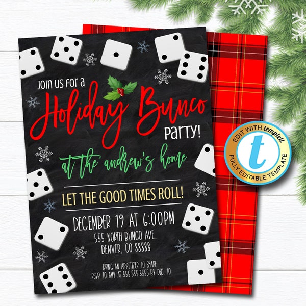 Christmas Bunco Party Invitation, Adult Holiday Invite, Xmas Cocktail Games Party, Winter Party Editable Template, DIY Self-Editing Download