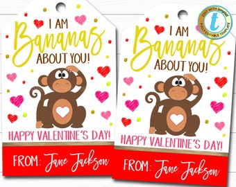 May include: Two printable Valentine's Day gift tags featuring a cartoon monkey with the text "I am Bananas About You!" and "Happy Valentine's Day!"  The tags have a red, white and yellow background with hearts and polka dots.