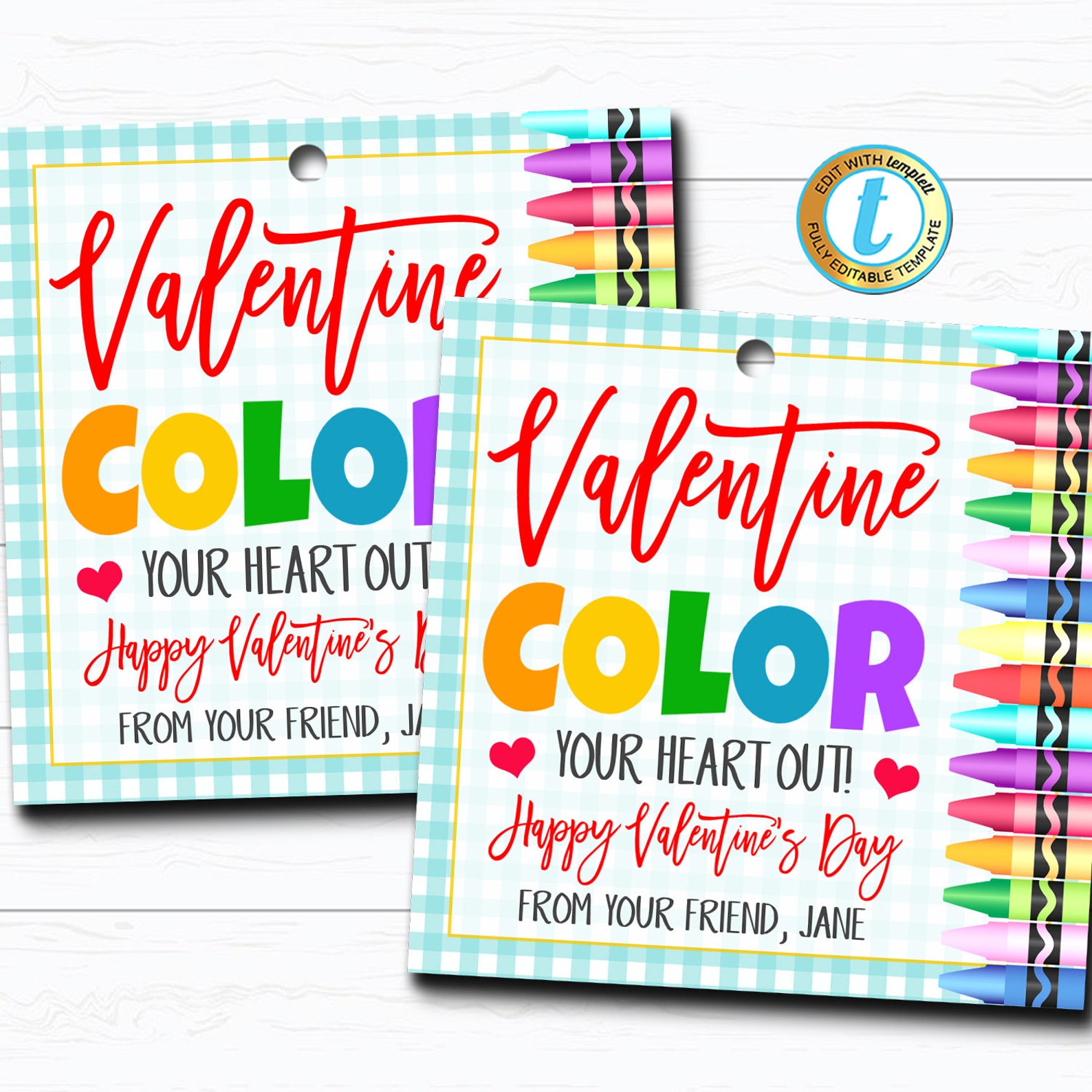 Valentine Crayon Gift Tags Color Your Heart Out Non Candy Etsy