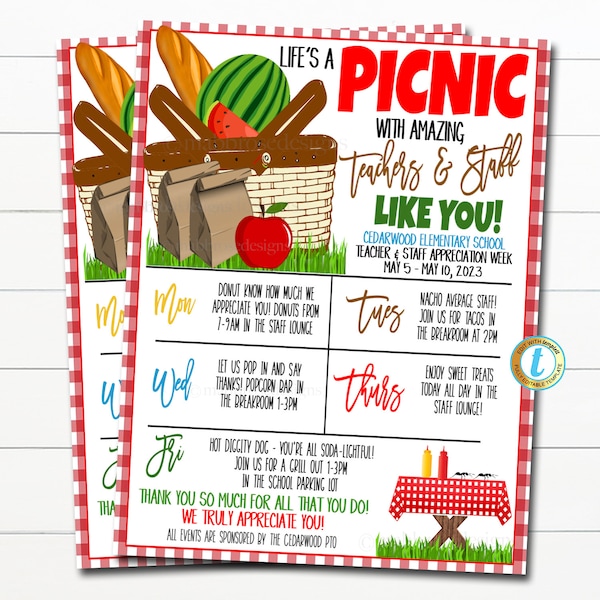EDITABLE Teacher Appreciation Week Itinerary, Appreciation Summer Life's a Picnic Theme, Staff Employee Schedule Events, Printable EDITABLE