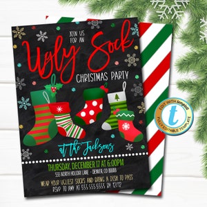 May include: A black chalkboard style Christmas party invitation with a red and green striped background. The invitation features the text "Ugly Sock Christmas Party" with a festive design of four colorful Christmas stockings. The invitation includes the date, time, location, and RSVP information.