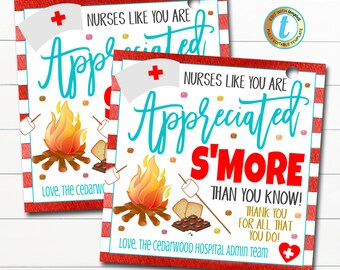 S'mores Gift Tag, National Nurse Appreciation Week Chocolate Candy Gift, Medical Nursing Staff Hospital Thank You Tag, DIY Editable Template