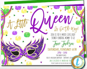 Mardi Gras Girl Baby Shower Invitation, Little Queen on Her Way, Fat Tuesday King Cake Beads Party, New Orleans Sprinkle, EDITABLE TEMPLATE