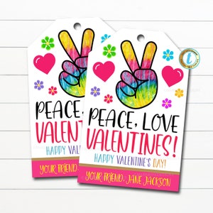 Etiqueta de regalo del día de San Valentín, Peace Love Valentines Hippie Tie Dye Friend Girl Tween Gift, Student Kids Classroom Non-Candy, Plantilla editable