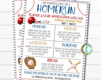 Ulotka z planem tygodnia doceniania nauczycieli baseballu, jesteś gwiazdą home run, motyw sportowy, harmonogram wydarzeń do wydrukowania, edytowalny szablon