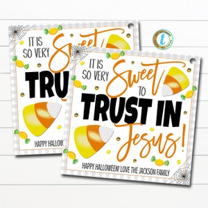 Halloween Religious Gift Tag, It&#39;s Sweet to Trust in Jesus, Church Catholic School Pto Pta Teacher, Faith Christian, DIY Editable Template
